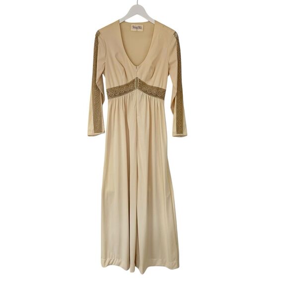 Vanity Fair Vintage Nightgown Boho Fairy Hippie Beige Crochet Trim Maxi Dress 10 - Picture 1 of 16